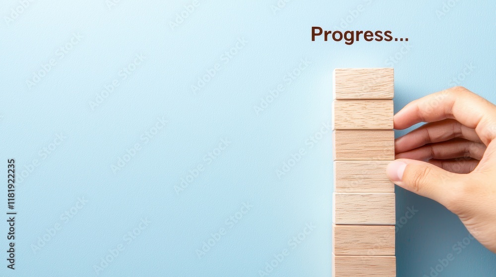 Poster hand placing wooden block on stack with text progress on light blue background