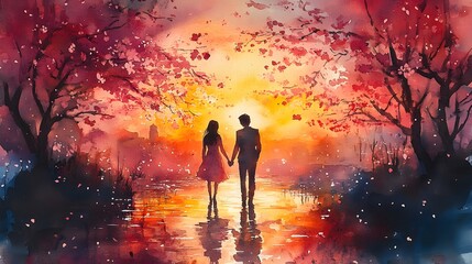 Fototapeta premium Romantic watercolor painting of a couple holding hands in a sunset-lit park with cherry blossoms