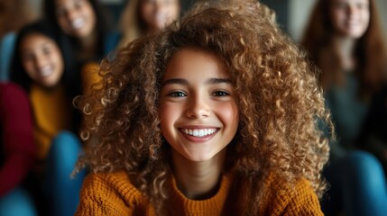 A cheerful young girl with curly hair beams with a bright smile, surrounded by happy friends in a warm and inviting atmosphere, showcasing joy and friendship.