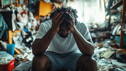 A man sits helplessly in a cluttered room, grasping his head in distress, surrounded by a chaotic mess that symbolizes internal turmoil and overwhelming emotions.
