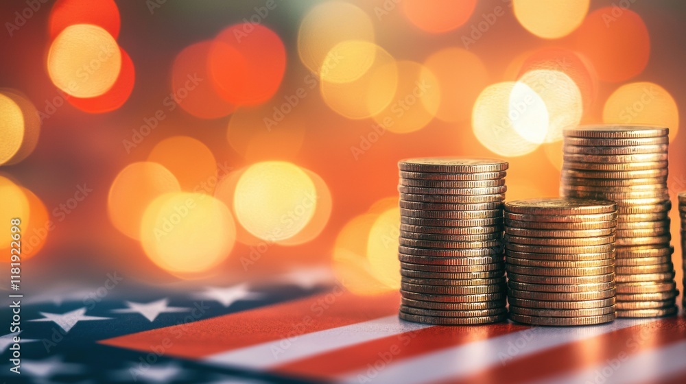 Poster Stacked Coins on American Flag with Colorful Bokeh Background in Finance Concept