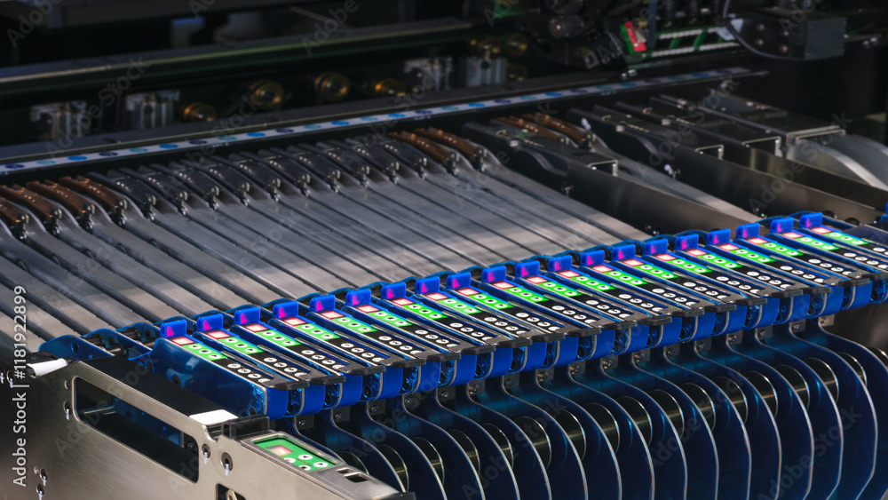 Poster a row of blue and green computer parts. the blue parts are the ones that are on the left and the gre