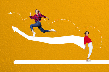 Template collage design trend artwork sketch of trade target success charts stats tea two young...