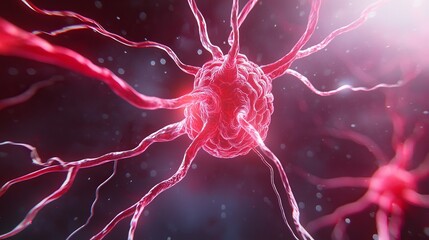 Symbolize of Neurotechnology. Abstract depiction of a red neuron with glowing connections.