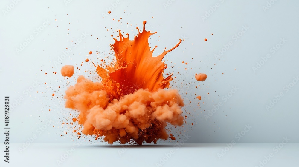 Poster dramatic orange liquid eruption frozen in time on a pristine white backdrop an abstract expressionis