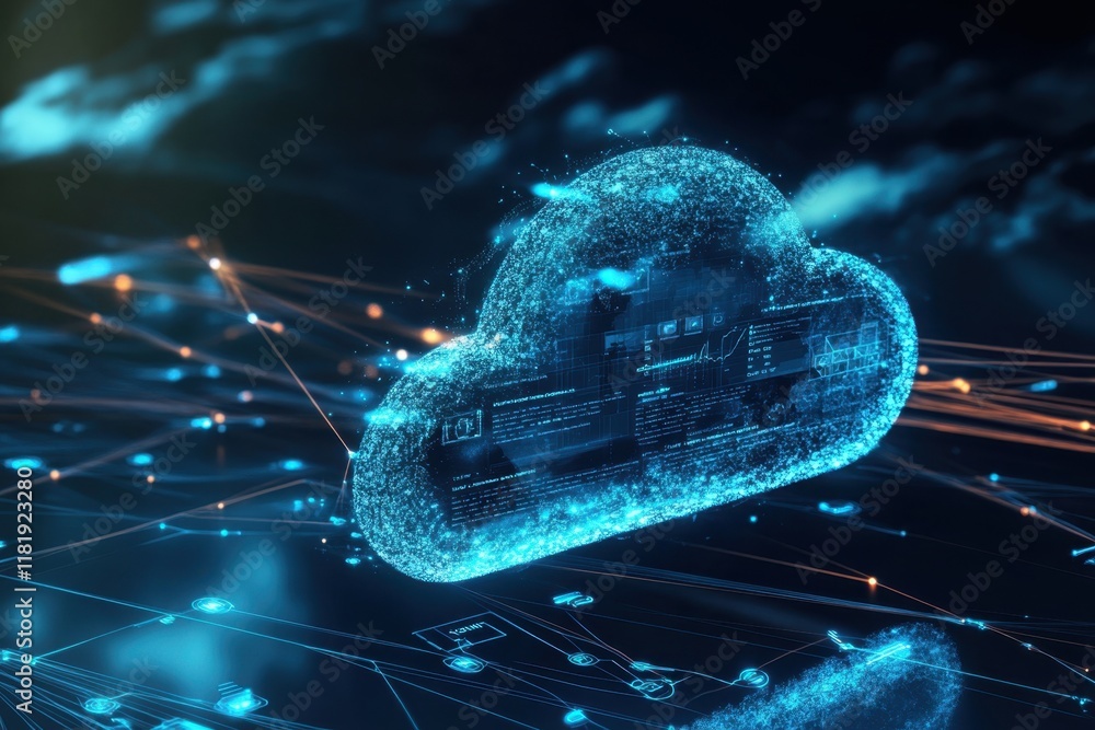 Poster digital cloud technology representation with glowing data connections in a dark background