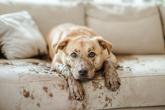 Muddy dog resting on a dirty white sofa in a modern living room