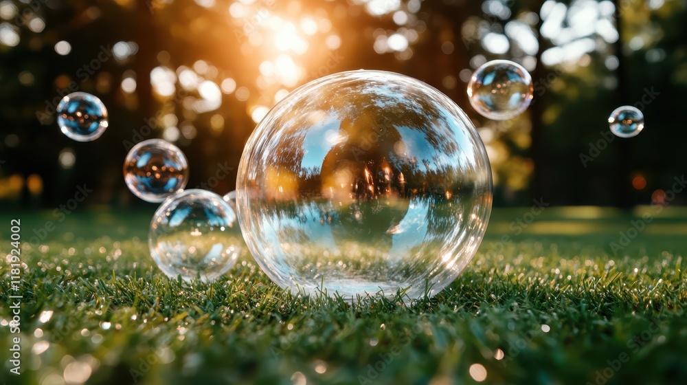 Poster the image captures a beautiful reflection in a large bubble amidst smaller bubbles on vibrant green 