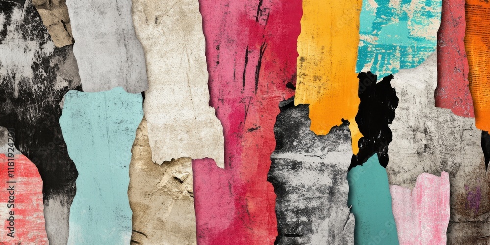 Wall mural vibrant and colorful abstract textures created from torn paper in a mixed media format