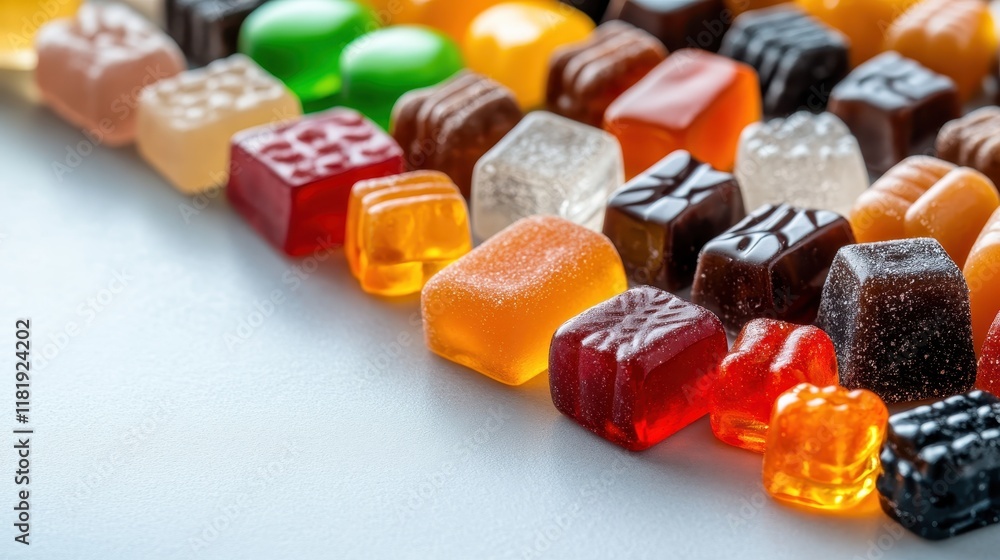 Poster an attractive display of assorted jelly candies in various shapes and colors, appealing to those wit