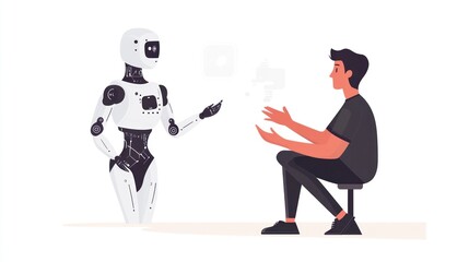Man interacting with a robot, AI communication concept.