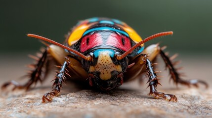Naklejka premium This close-up image features a beautifully colored beetle with striking patterns in vivid colors, capturing the intricate details of nature in a visually stunning and artistic way.