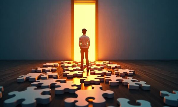 A young entrepreneur creating a pathway of completed puzzle pieces, symbolizing problem-solving, vision, and success