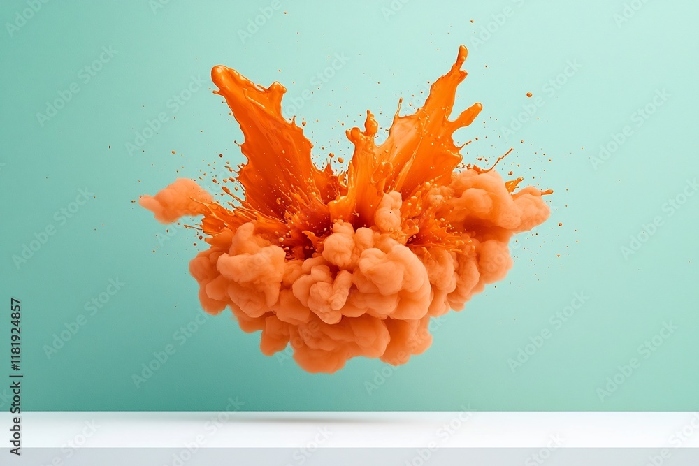 Poster dynamically suspended whimsical orange liquid explosion forming vivid abstract artwork with captivat
