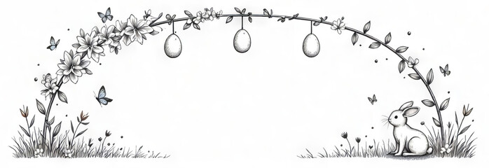 A composition of arches decorated with flowers, leaves, Easter eggs, ribbons and bows, under which sits a bunny, a series of arches of a flower and eggs. 