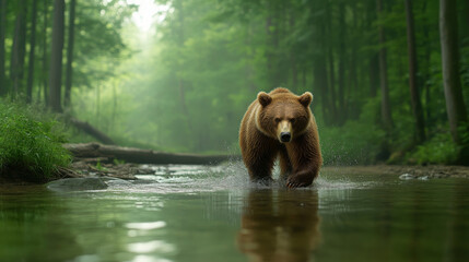 brown bear walking through forest stream, surrounded by lush greenery and mist. serene atmosphere captures beauty of nature and wildlife