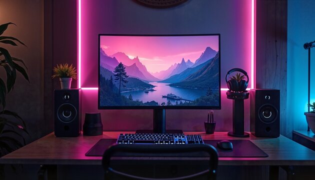 Modern gaming setup with neon lights in cozy room, perfect for tech blogs or ads