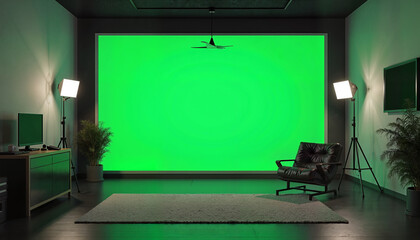 Modern studio with green screen for video production, versatile editing space