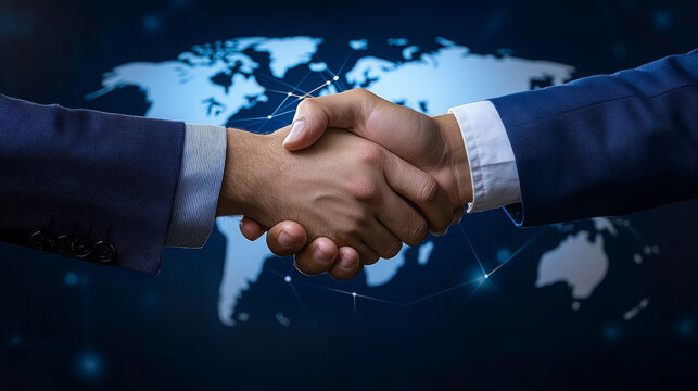 Businessman shaking hands in front of world map, symbolizing international cooperation and partnership. This conveys trust and collaboration in global context