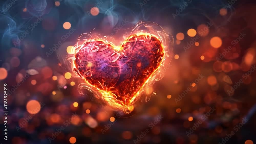 Aufkleber A heart shaped object radiating warmth and light, surrounded by glowing sparks and colorful bokeh effects. The ambiance has a mystical feel, enhancing its emotional impact.