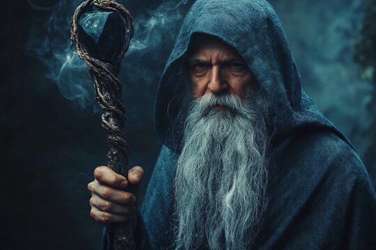 Powerful wizard with a long white beard and hooded cloak holding a magic staff in a mystical forest