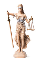 A statue of Lady Justice holding scales and a sword isolated on white