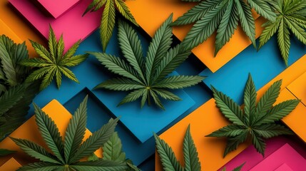 Cannabis leaves in a colorful geometric pattern on a seamless background
