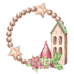 Christmas round wreath frame. Gnome elf girl, branch forest fir pine with wooden house, poinsettia, holly. Botanical floral composition. New Year. Hand draw watercolor illustration isolated background