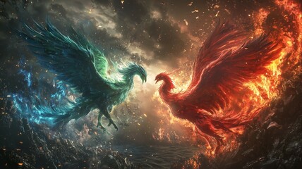 青と赤の不死鳥の戦いで崩壊する世界