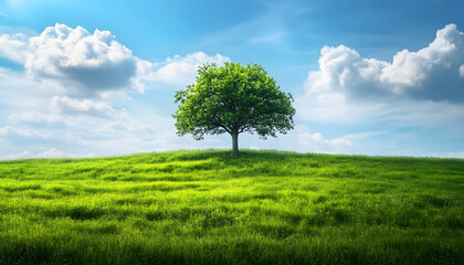 Fototapeta premium A solitary tree stands on a grassy hill under a blue sky
