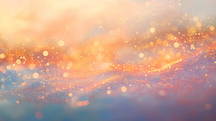 Subtle shimmering particles blending golden and aqua bokeh lights indoors on a muted coral and lavender background