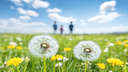 Obraz premium Family Walking in Sunny Meadow with Dandelions