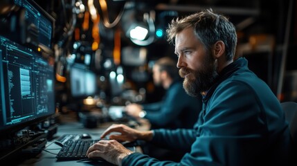 A professional is focused on their tasks in a technologically advanced setting, indicating the importance of collaboration and communication in achieving complex objectives and goals.