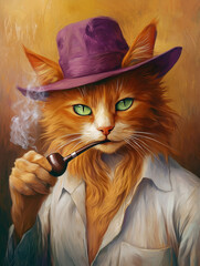An orange cat with green eyes, wearing a white shirt and a purple hat, smoking a pipe