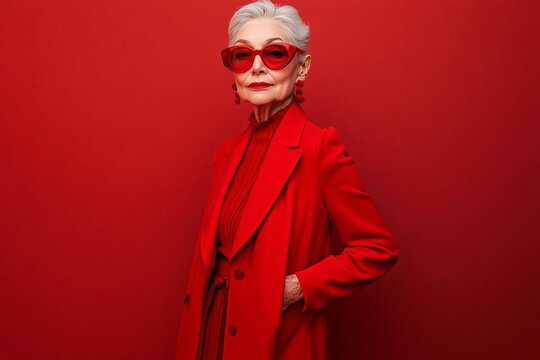 Fashionable senior woman with grey hair wearing a red monochrome outfit and sunglasses, showcasing timeless style and confidence