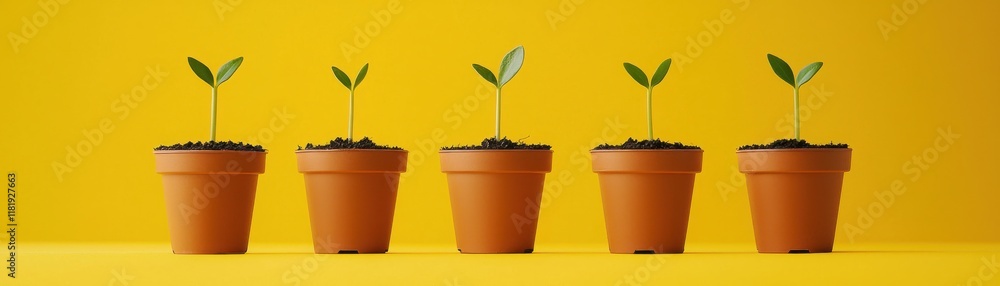 Wall mural Five small green plants in terracotta pots stand against a bright yellow background, symbolizing growth and nature.