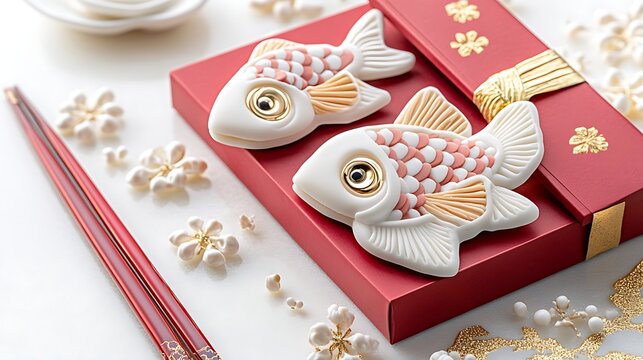 Elegant Koi Fish Decorations on Red Gift Box