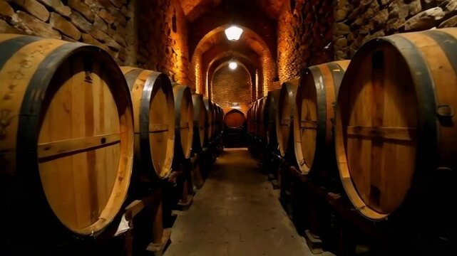 A row of wooden barrels are lined up in a dark room. The barrels are full of liquid and are likely used for making wine. The room is dimly lit, giving it a cozy and intimate atmosphere