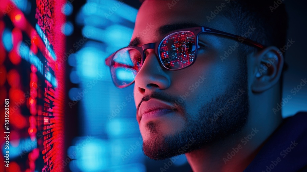 Poster cyberpunk programmer: man in neon-lit room