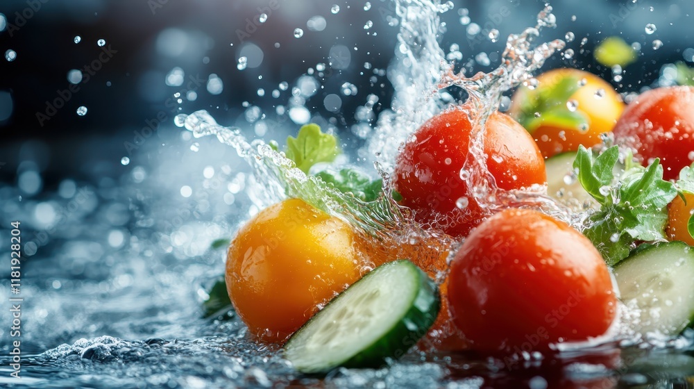 Poster dynamic splash of tomatoes and cucumber in water, capturing the freshness and vitality of vegetables