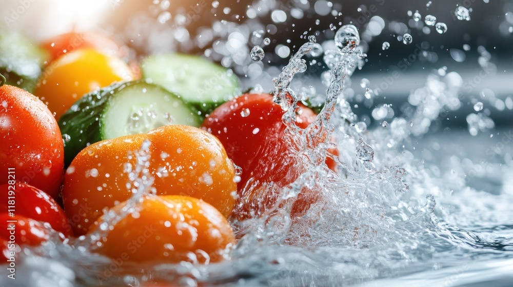 Poster a stunning display of tomatoes and cucumbers splashing into water, illustrating a captivating moment