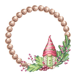 Christmas round wreath frame. Gnome elf girl, branch forest fir pine with wooden star, holly red berries, ilex twig. Botanical composition. New Year. Hand draw watercolor illustration background