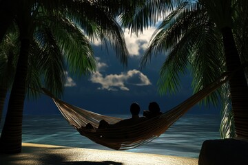 Romantic evening by the beach with silhouettes in a hammock between palm trees