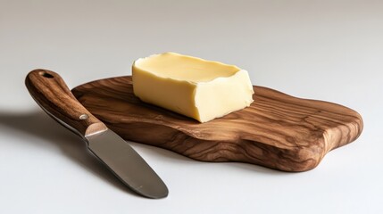 Butter on Wooden Board with Knife