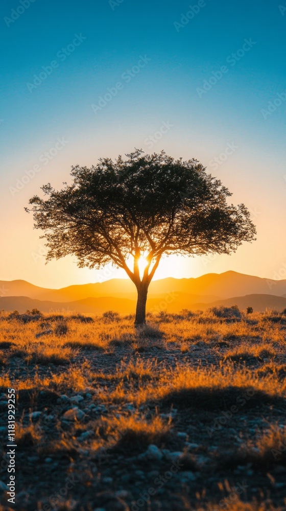 Poster a breathtaking desert landscape captures the moment when golden hour bathes a lone tree in warm ligh