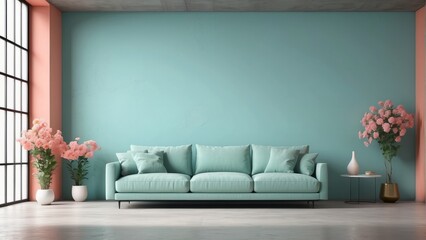 interior of living room with the Light Aquamarine sofa on Coral wall and concrete floor