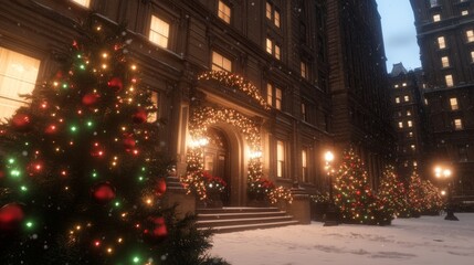Naklejka premium Festive Christmas Scene City Building Snowy Night
