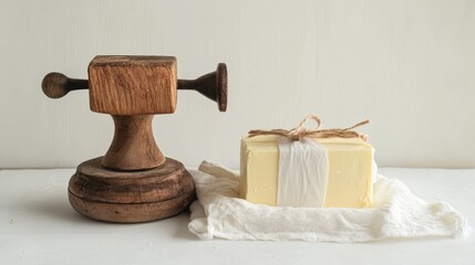 Rustic Butter Churner and Neatly Wrapped Butter