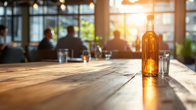 A captivating image featuring a golden drink bottle atop a rustic wooden table, bathed in warm sunlight, evoking a sense of relaxation and social atmosphere.
