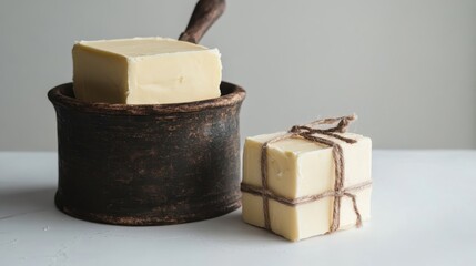 Rustic Butter Churner and Neatly Wrapped Butter